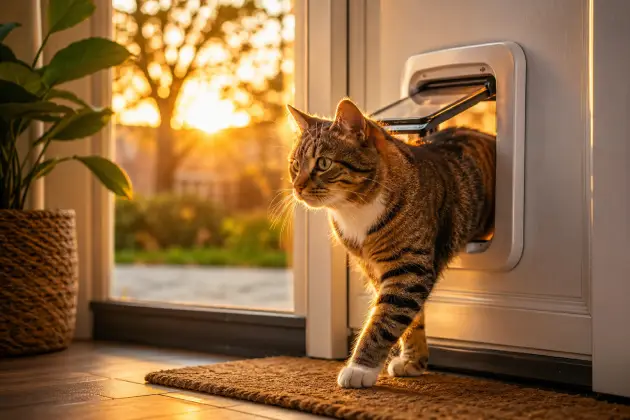 Moderne Katzenklappe in einer Tür ermöglicht einer Katze selbstständigen Zugang zum Haus.