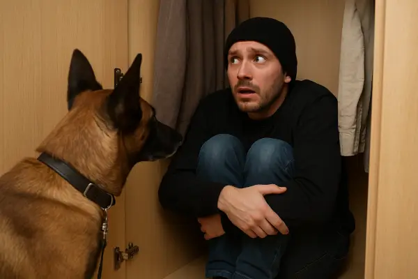 Ein Polizeihund beobachtet einen Einbrecher, der im Kleiderschrank kauert.