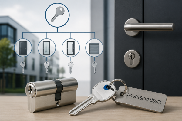 Schematic representation of a locking system (locking plan), along with a built-in door lock, a removed profile cylinder and the master key
